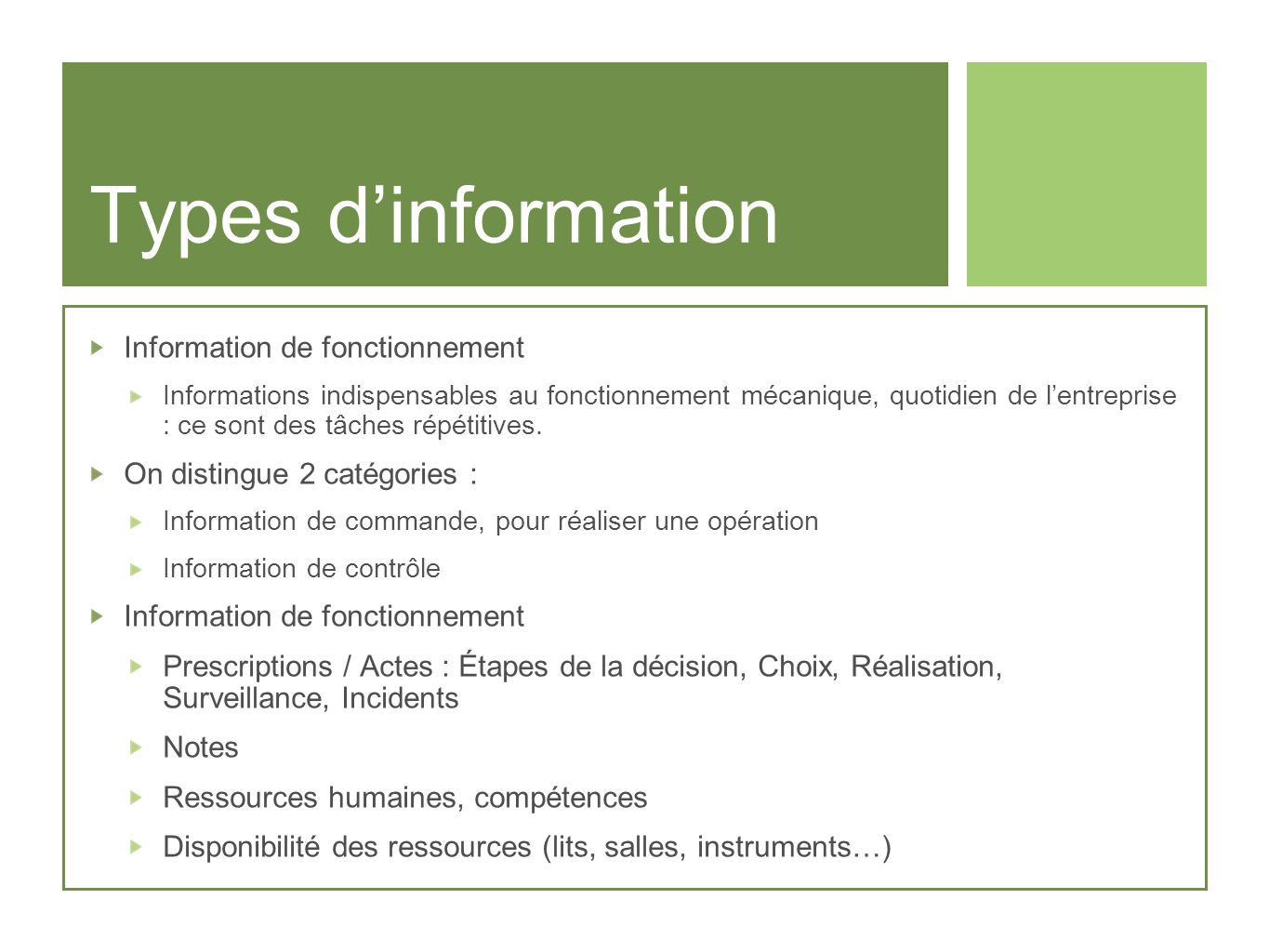 Types d’information Information de fonctionnement