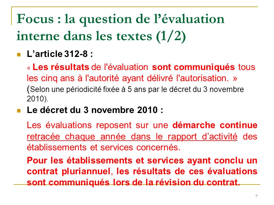 Focus : la question de l’évaluation interne dans les textes (1/2)