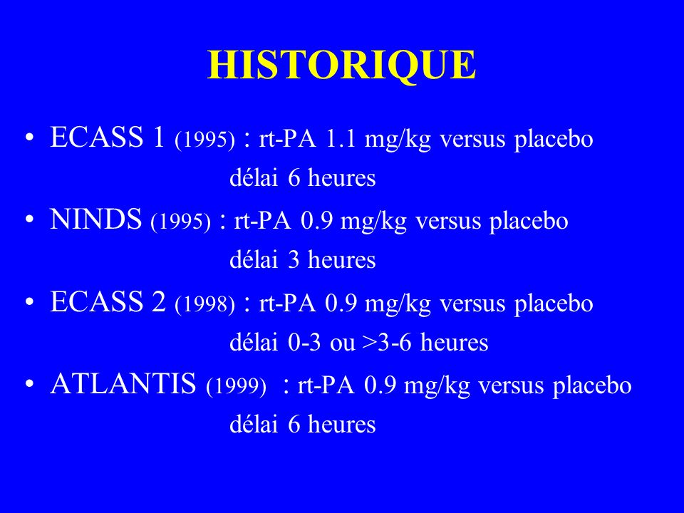HISTORIQUE ECASS 1 (1995) : rt-PA 1.1 mg/kg versus placebo