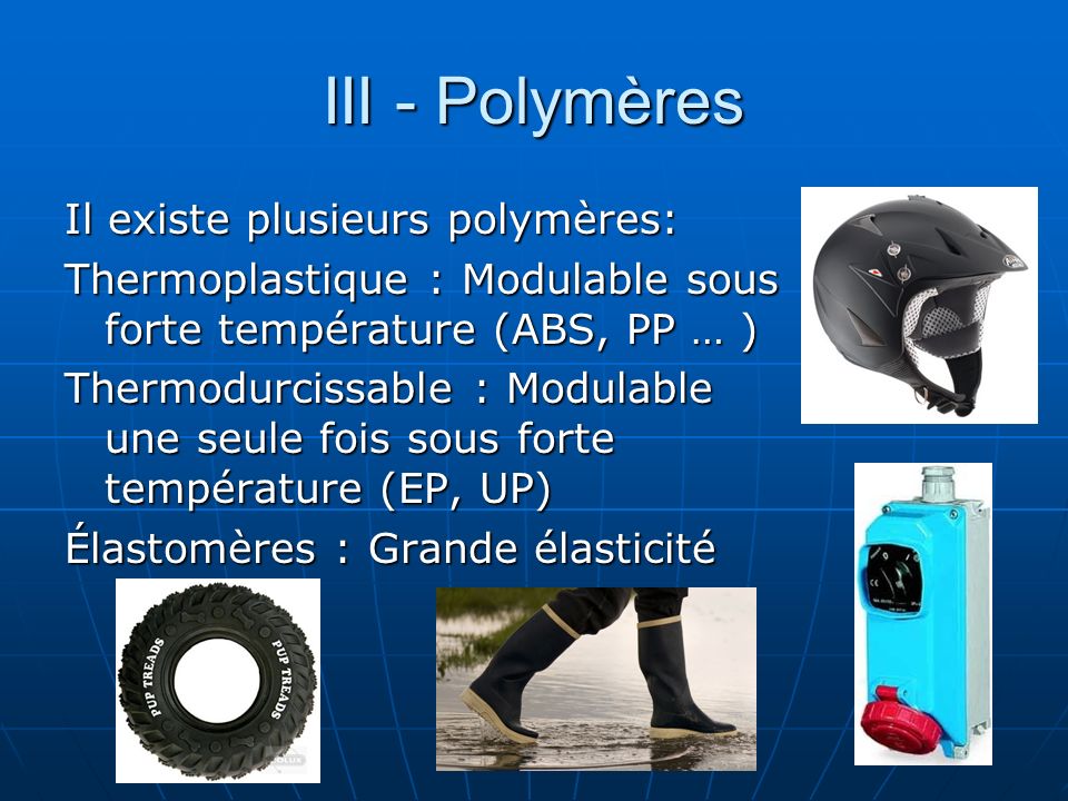 III - Polymères Il existe plusieurs polymères: