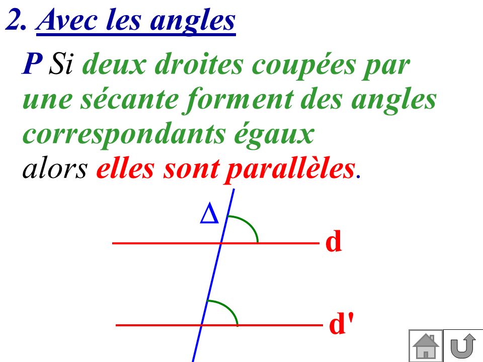 2. Avec les angles P Si deux droites coupées par. une sécante forment des angles correspondants égaux.