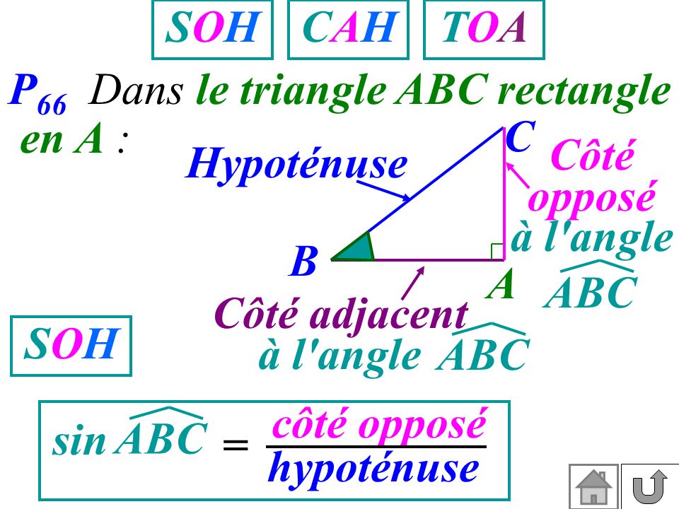 SOH CAH. TOA. P66 Dans le triangle ABC rectangle. en A : C. Hypoténuse. Côté opposé. à l angle.
