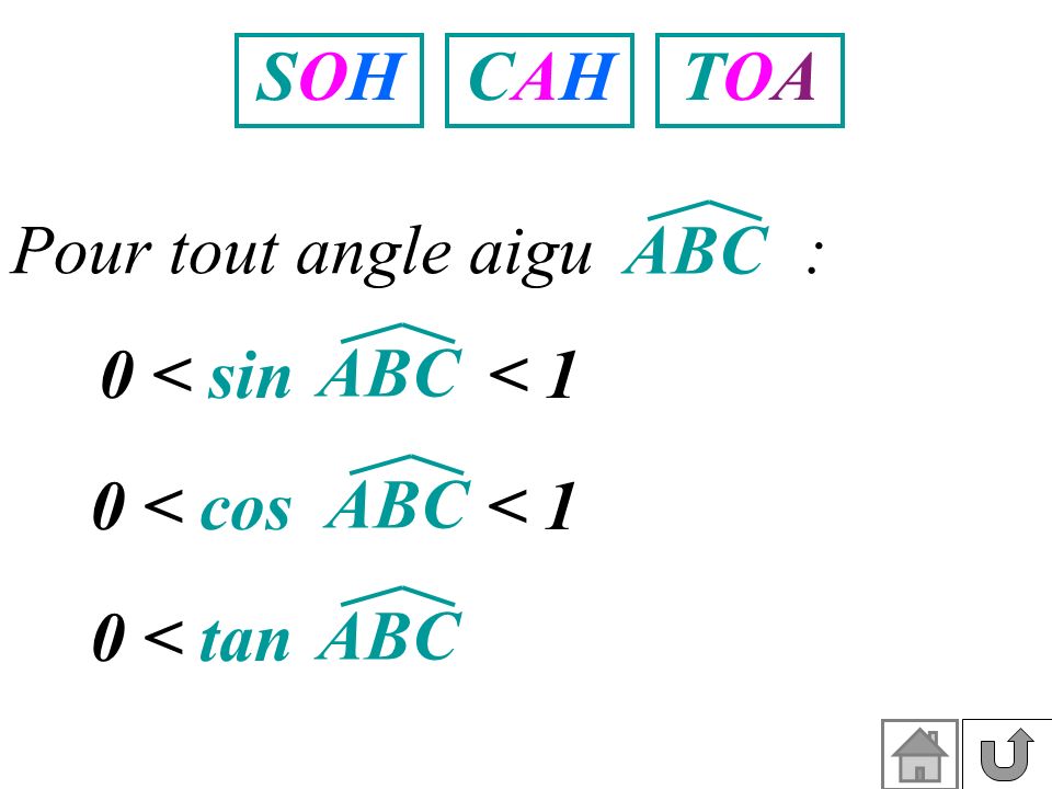 SOH CAH. TOA. Pour tout angle aigu : ABC. 0 < sin < 1. ABC. 0 < cos < 1.