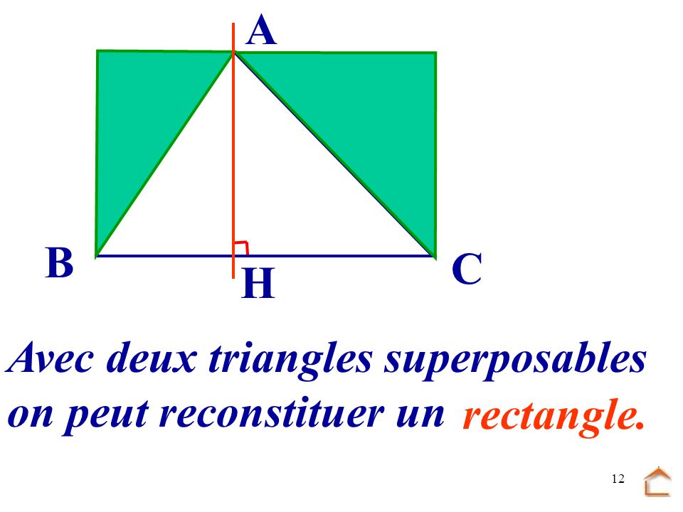 A B C H Avec deux triangles superposables on peut reconstituer un rectangle.