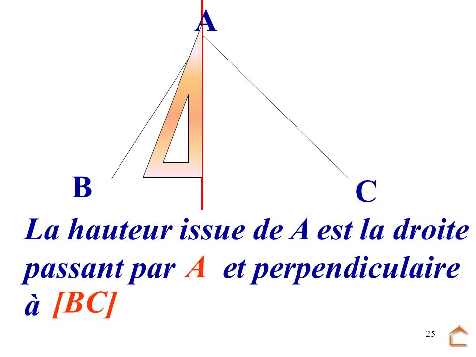 B C A La hauteur issue de A est la droite passant par .... et perpendiculaire à ... A [BC]