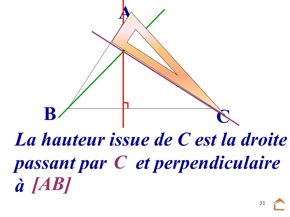 B C A La hauteur issue de C est la droite passant par .... et perpendiculaire à ... C [AB]