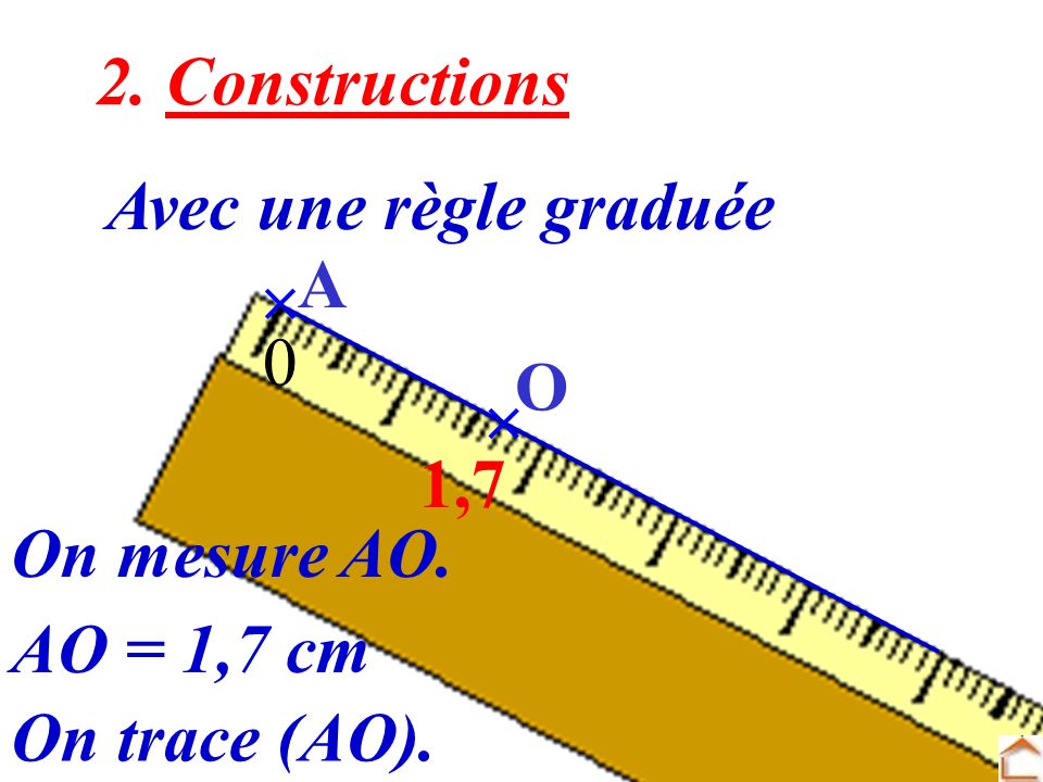 2. Constructions Avec une règle graduée  A O  1,7 On mesure AO. AO = 1,7 cm On trace (AO).