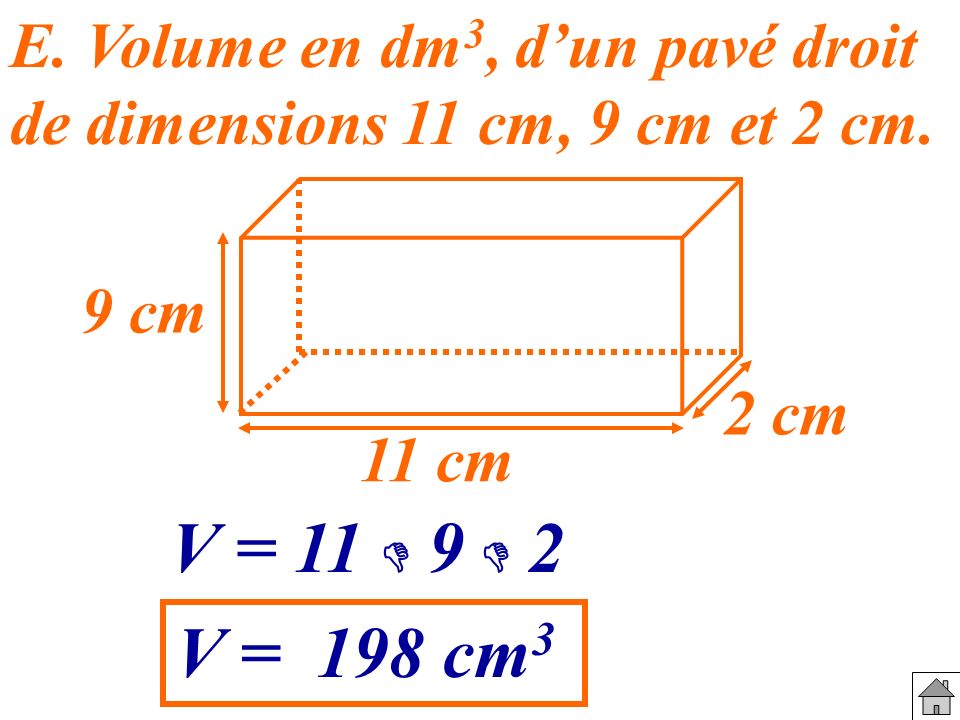 E. Volume en dm3, d’un pavé droit de dimensions 11 cm, 9 cm et 2 cm.