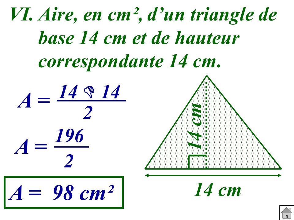 VI. Aire, en cm², d’un triangle de base 14 cm et de hauteur correspondante 14 cm.