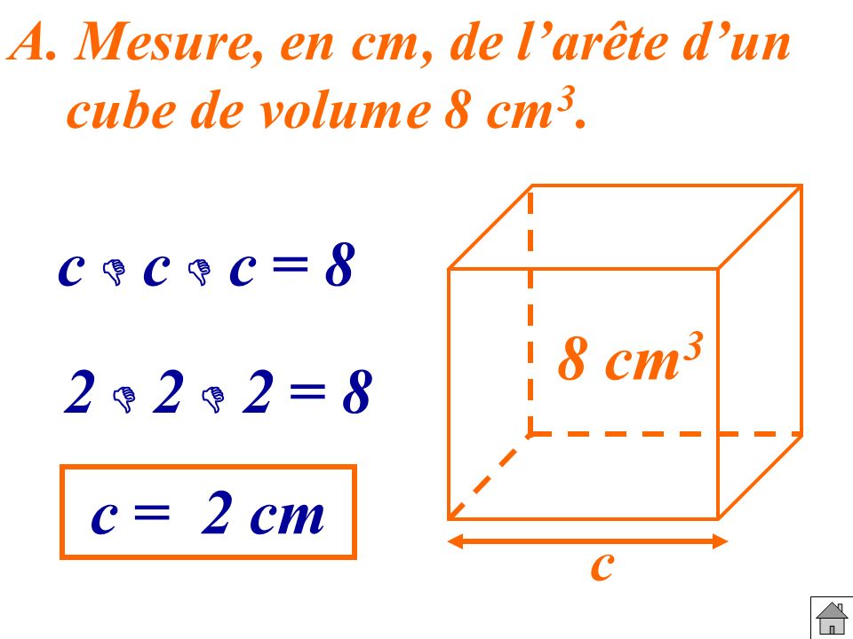 A. Mesure, en cm, de l’arête d’un cube de volume 8 cm3.