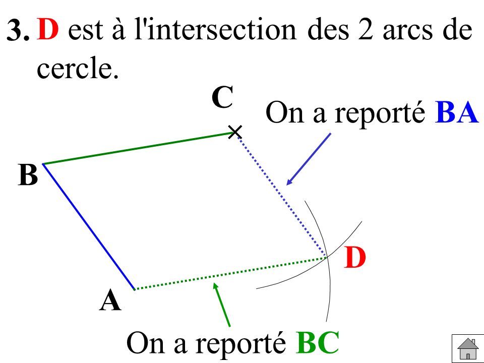 3. D est à l intersection des 2 arcs de cercle. C On a reporté BA  B D A On a reporté BC