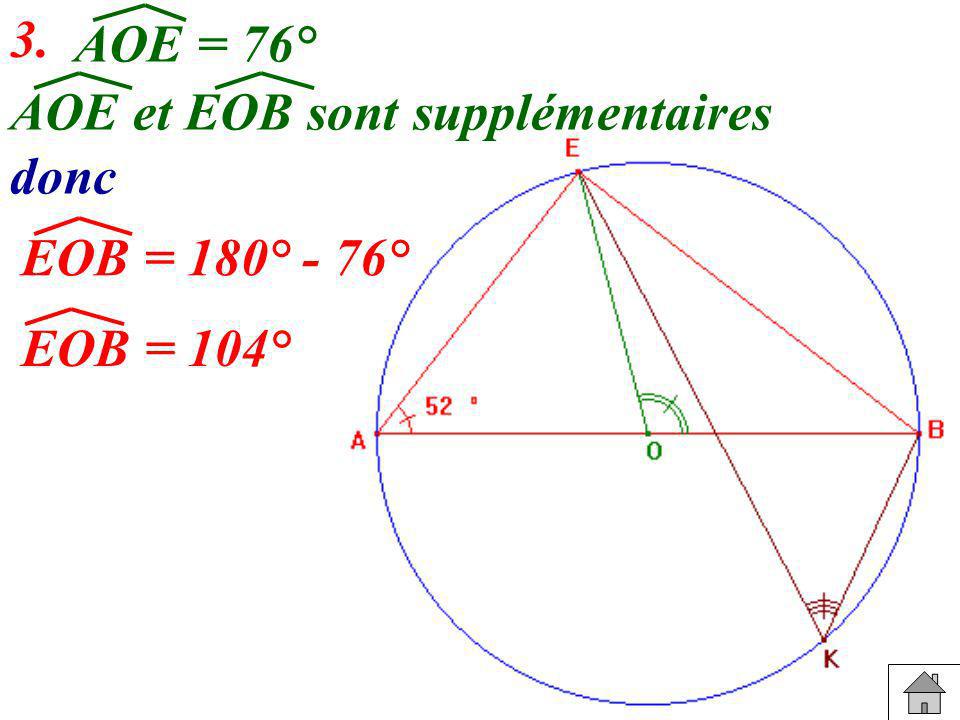 3. AOE = 76° AOE et EOB sont supplémentaires donc EOB = 180° - 76° EOB = 104°