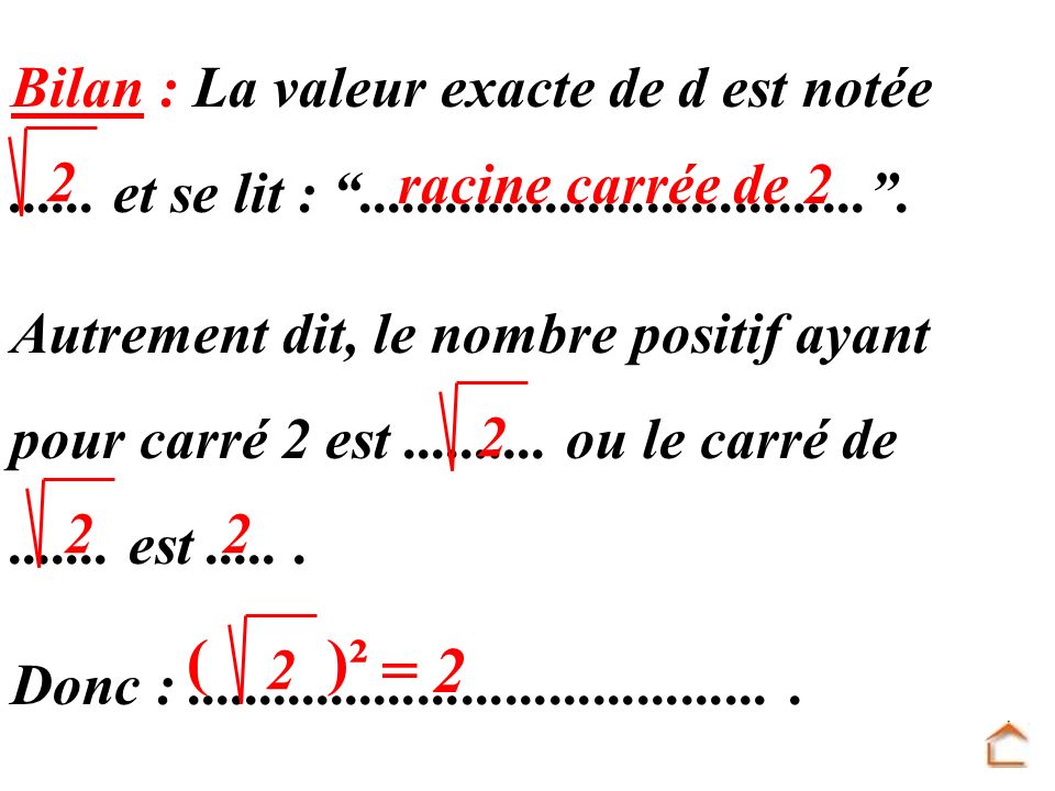( )² = 2 Bilan : La valeur exacte de d est notée