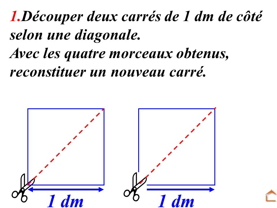 1 dm 1 dm 1.Découper deux carrés de 1 dm de côté selon une diagonale.