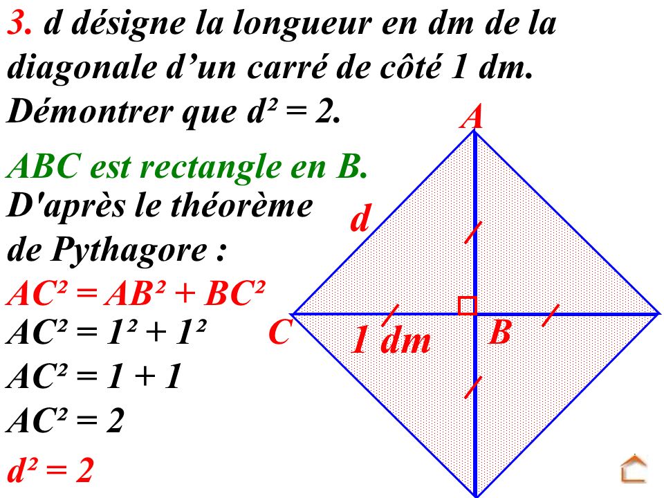 3. d désigne la longueur en dm de la diagonale d’un carré de côté 1 dm