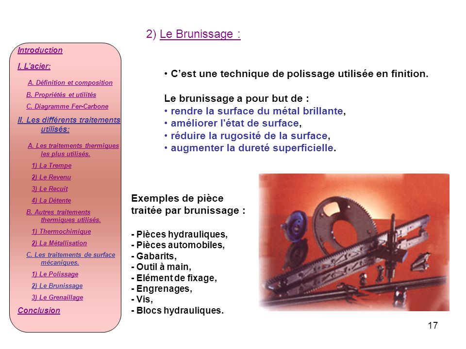 2) Le Brunissage : Introduction. I. L’acier: A. Définition et composition. B. Propriétés et utilités.