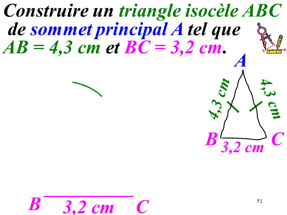 Construire un triangle isocèle ABC de sommet principal A tel que AB = 4,3 cm et BC = 3,2 cm.