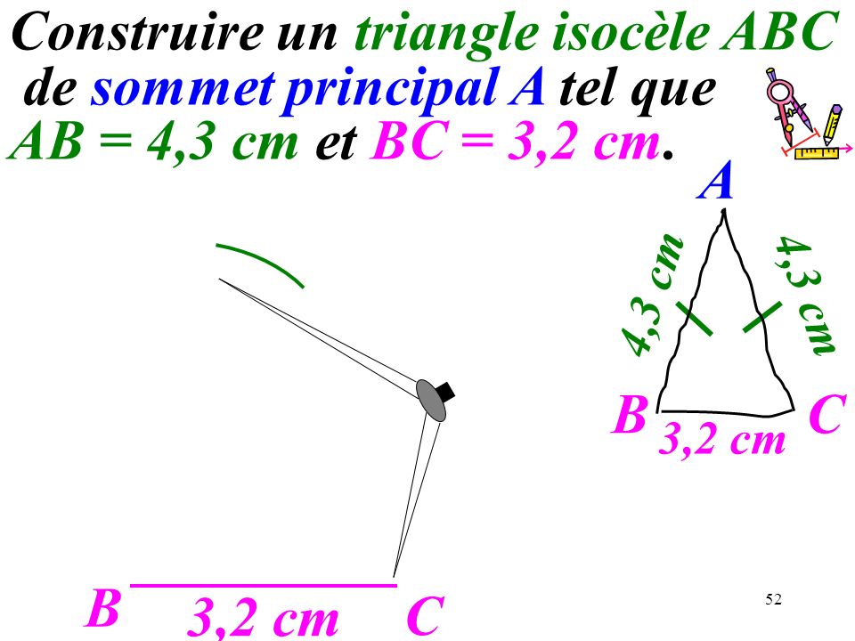 Construire un triangle isocèle ABC de sommet principal A tel que AB = 4,3 cm et BC = 3,2 cm.
