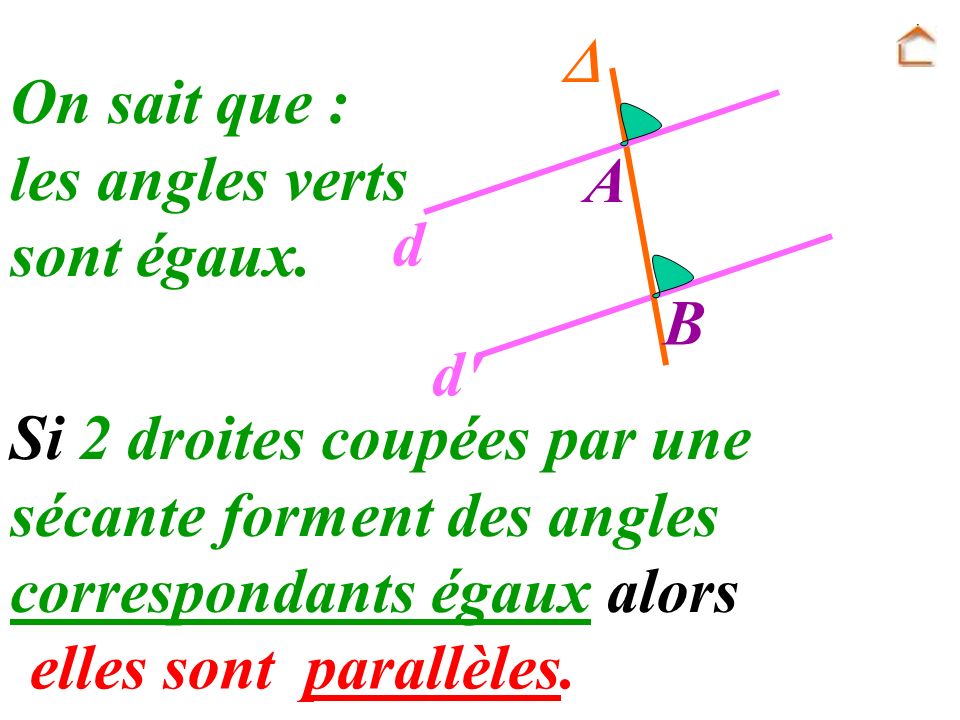  A. B. d. d On sait que : les angles verts. sont égaux. Si 2 droites coupées par une sécante forment des angles correspondants égaux alors.