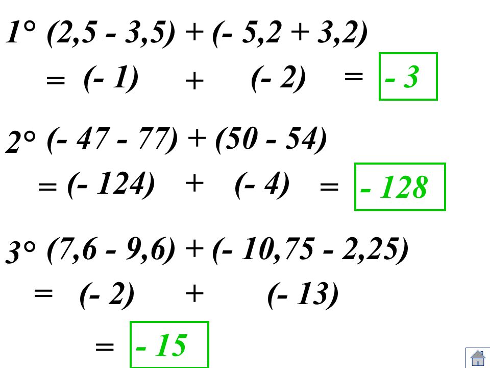 1° (2,5 - 3,5) + (- 5,2 + 3,2) (- 1) (- 2) = - 3. = + ( ) + ( ) 2° (- 124) +