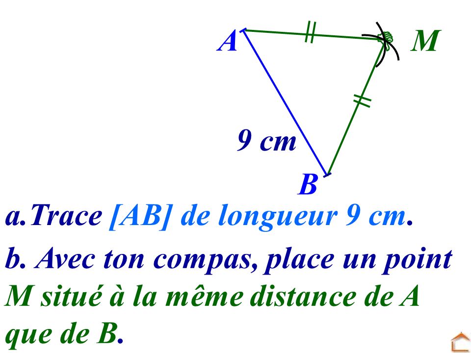 A  M. 9 cm. B. a.Trace [AB] de longueur 9 cm. b. Avec ton compas, place un point. M situé à la même distance de A.