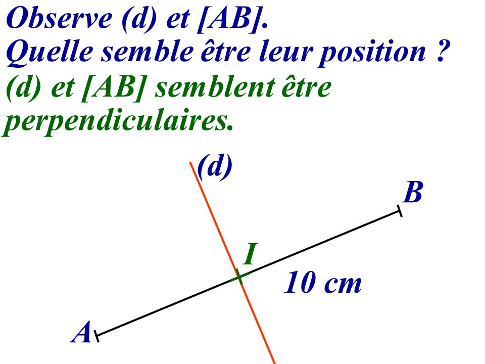 Observe (d) et [AB]. Quelle semble être leur position (d) et [AB] semblent être. perpendiculaires.