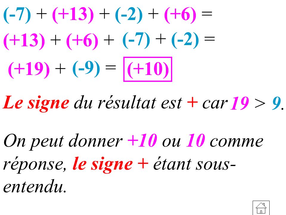 (-7) + (+13) + (-2) + (+6) = (+13) + (+6) + (-7) + (-2) = (+19) + (+10) (-9) = Le signe du résultat est + car.