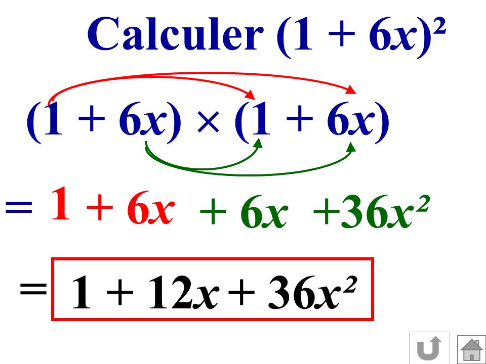 Calculer (1 + 6x)² (1 + 6x)  (1 + 6x) 1 = + 6x + 6x +36x² = x + 36x²