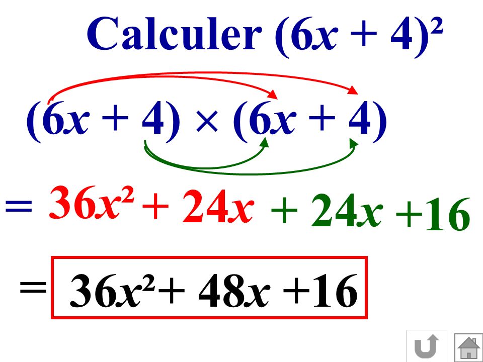 Calculer (6x + 4)² (6x + 4)  (6x + 4) 36x² = + 24x + 24x +16 = 36x² + 48x +16