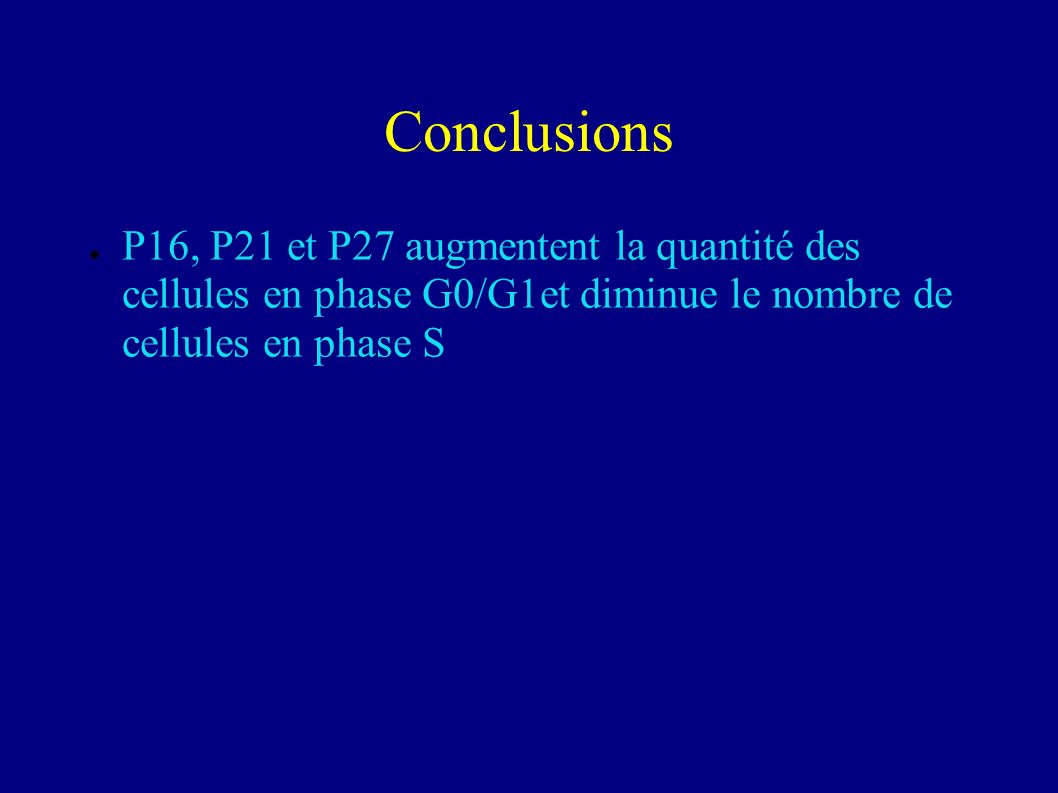 Conclusions P16, P21 et P27 augmentent la quantité des cellules en phase G0/G1et diminue le nombre de cellules en phase S.