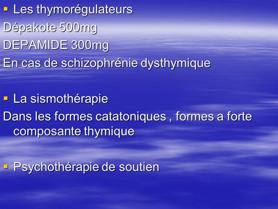 Les thymorégulateurs Dépakote 500mg. DEPAMIDE 300mg. En cas de schizophrénie dysthymique. La sismothérapie.
