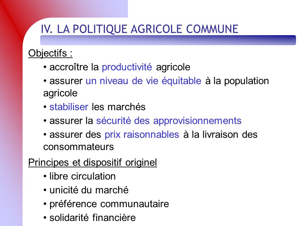IV. LA POLITIQUE AGRICOLE COMMUNE