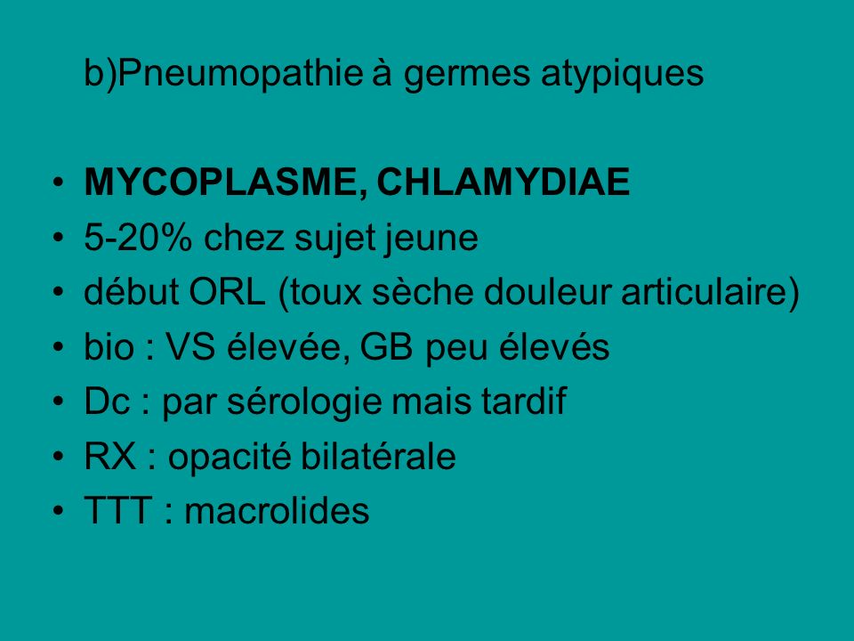 b)Pneumopathie à germes atypiques