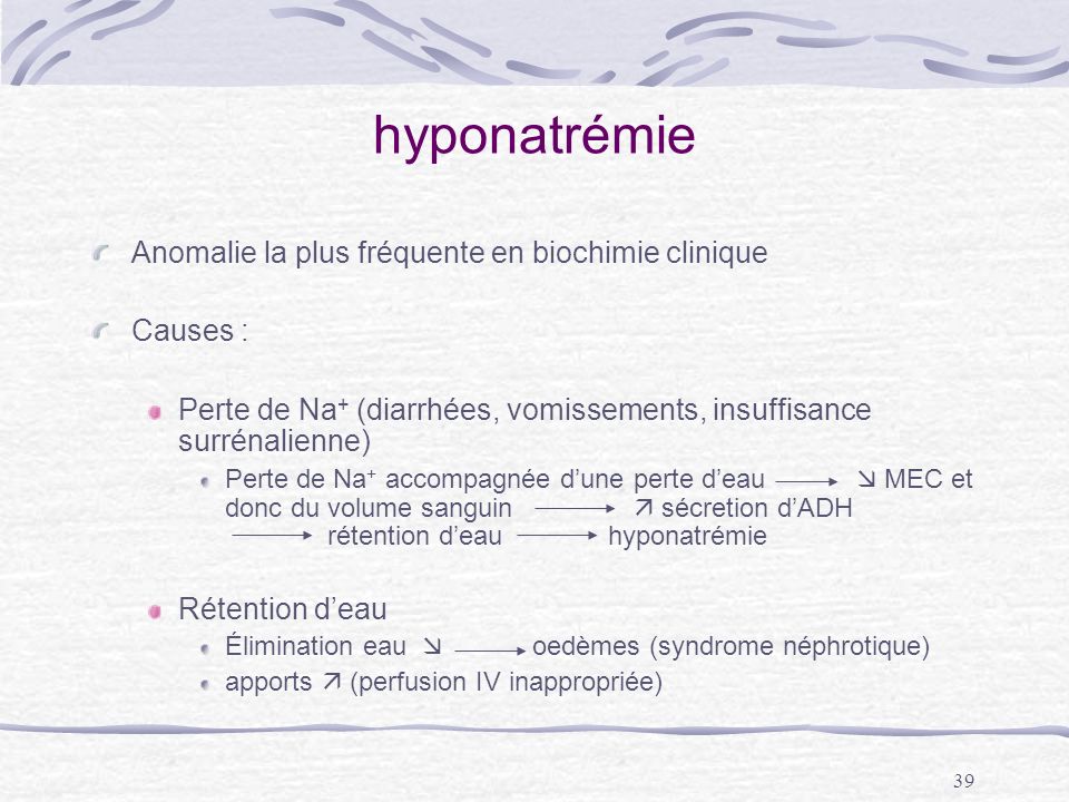 hyponatrémie Anomalie la plus fréquente en biochimie clinique Causes :