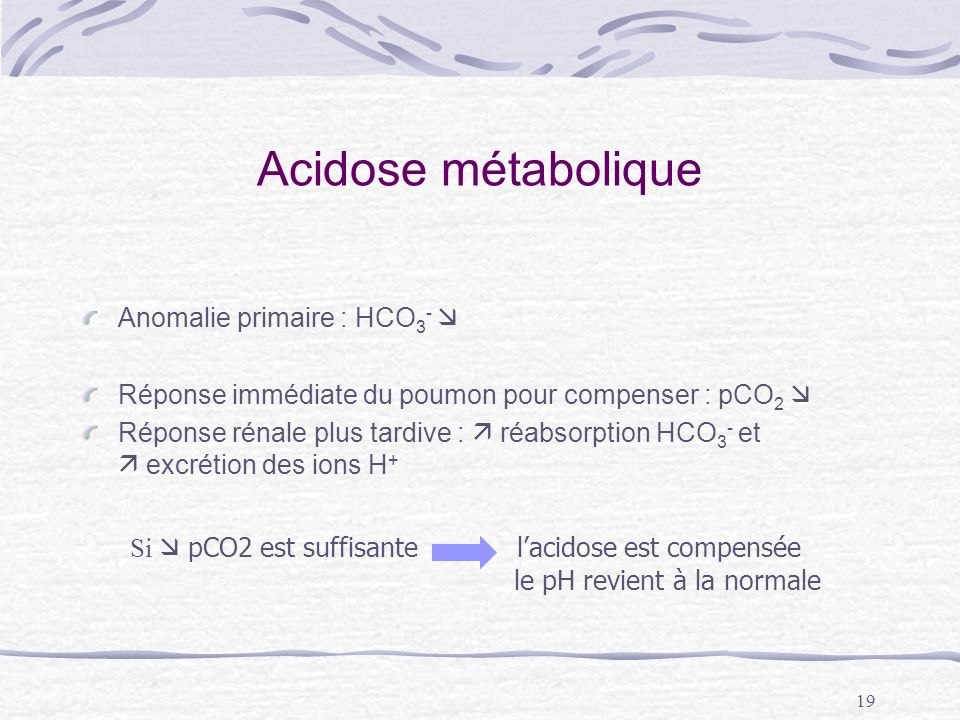 Acidose métabolique Anomalie primaire : HCO3- 