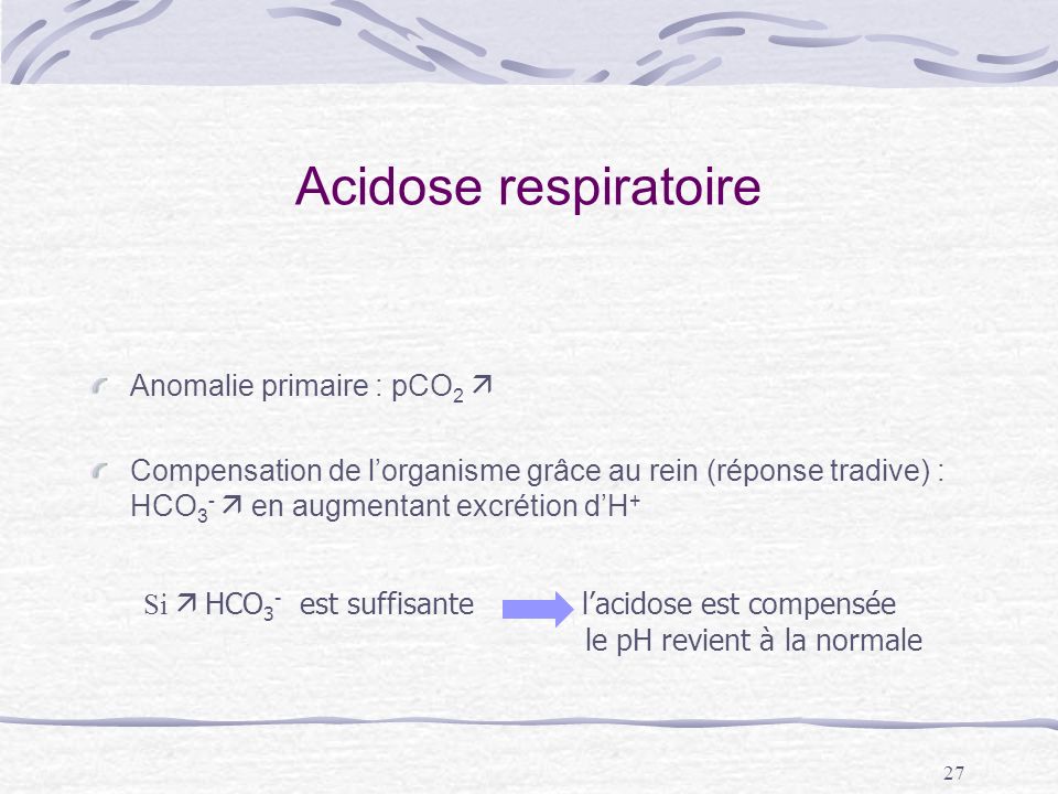 Acidose respiratoire Anomalie primaire : pCO2 
