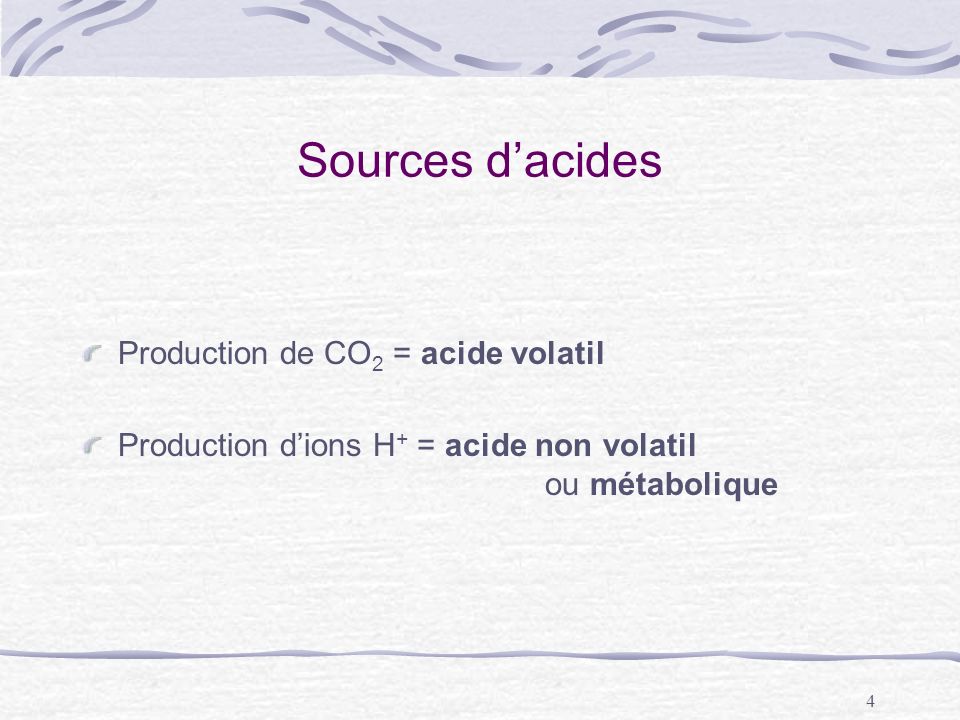 Sources d’acides Production de CO2 = acide volatil