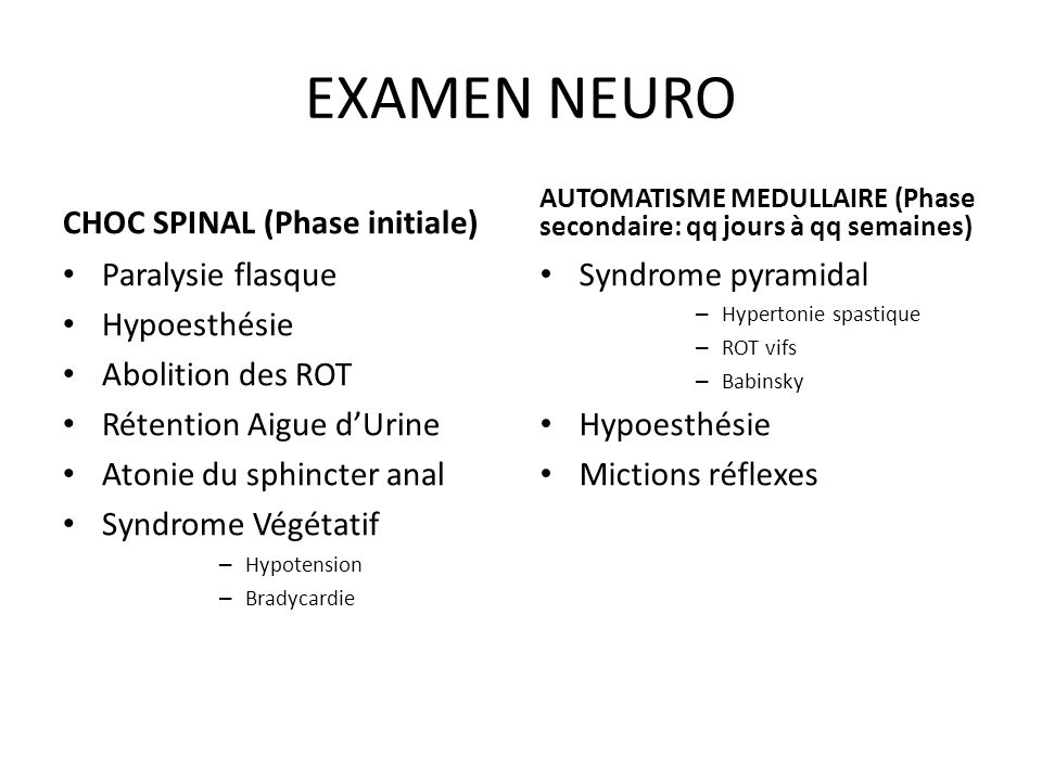 EXAMEN NEURO CHOC SPINAL (Phase initiale) Paralysie flasque