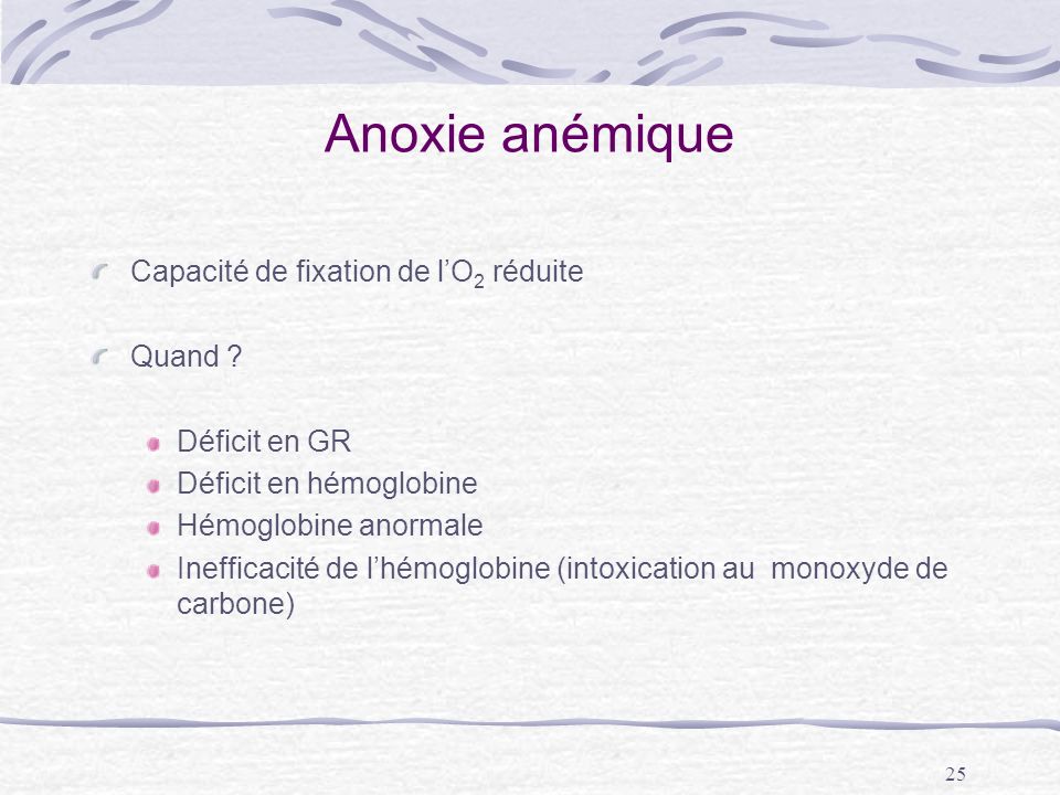 Anoxie anémique Capacité de fixation de l’O2 réduite Quand