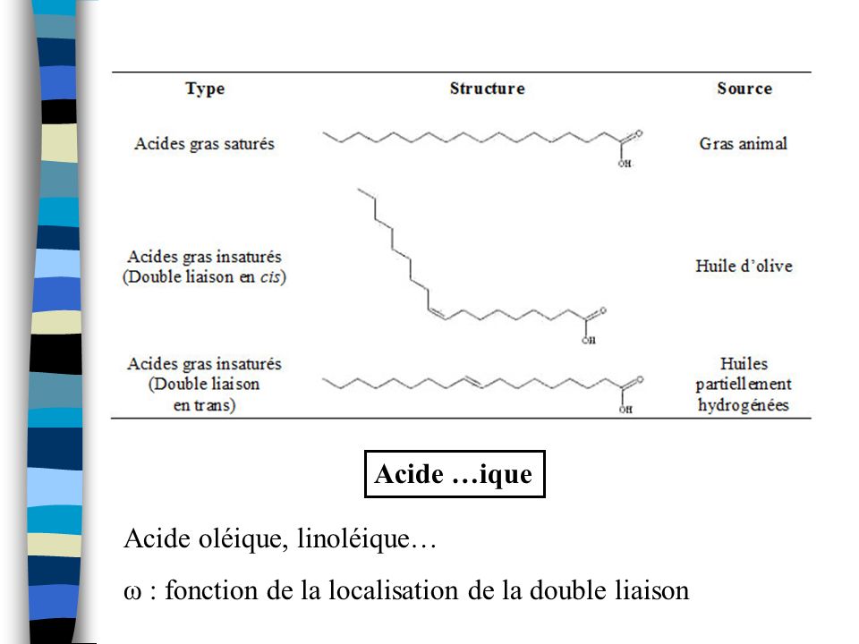 Acide …ique Acide oléique, linoléique… ω : fonction de la localisation de la double liaison