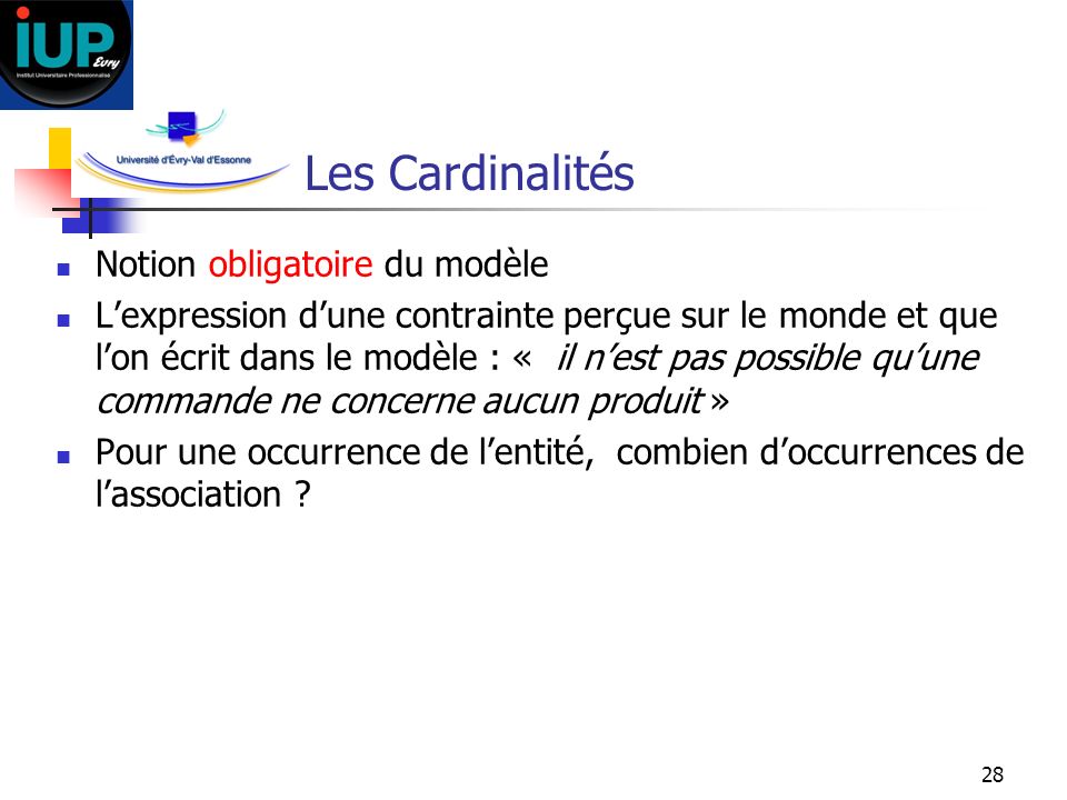 Les Cardinalités Notion obligatoire du modèle