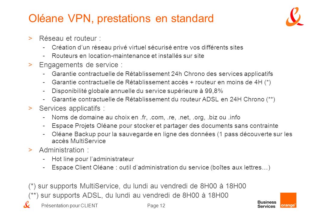 Oléane VPN, prestations en standard