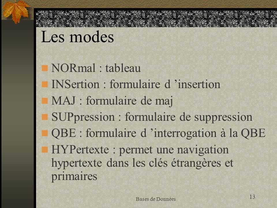 Les modes NORmal : tableau INSertion : formulaire d ’insertion