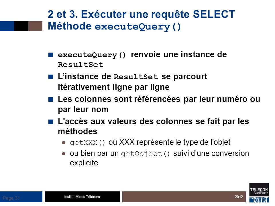 2 et 3. Exécuter une requête SELECT Méthode executeQuery()