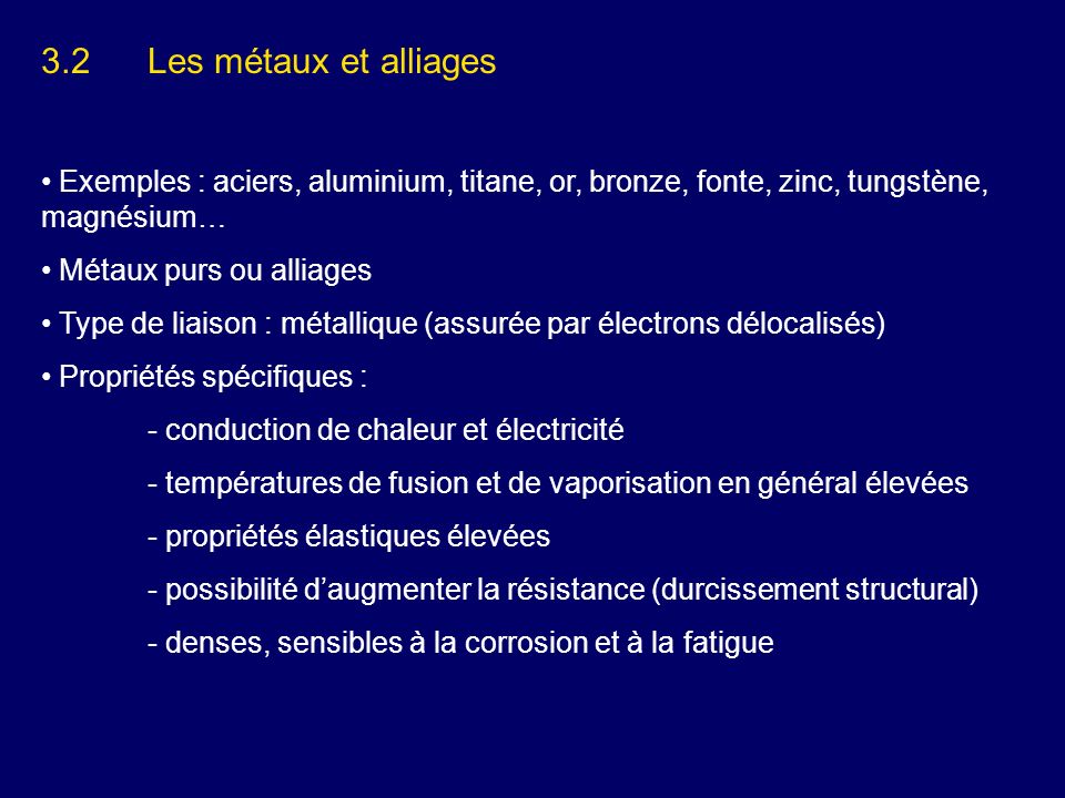 3.2 Les métaux et alliages Exemples : aciers, aluminium, titane, or, bronze, fonte, zinc, tungstène, magnésium…