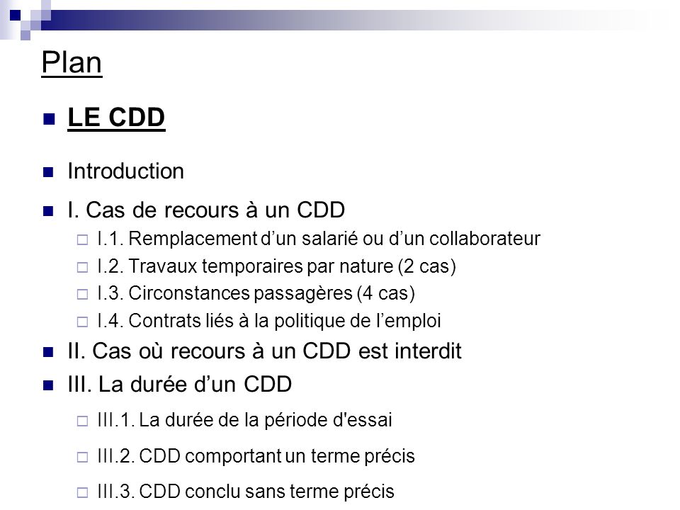 Plan LE CDD Introduction I. Cas de recours à un CDD