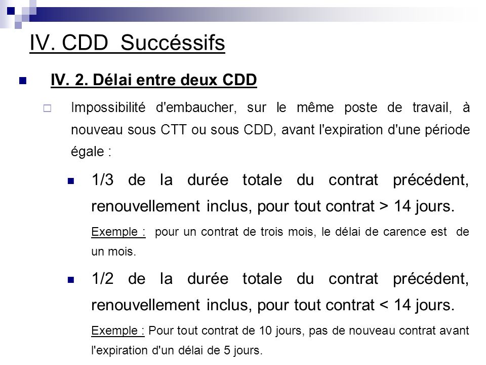 IV. CDD Succéssifs IV. 2. Délai entre deux CDD