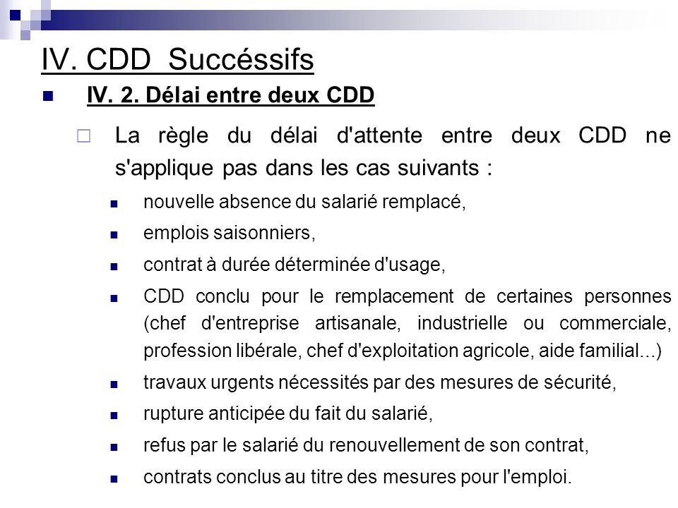 IV. CDD Succéssifs IV. 2. Délai entre deux CDD