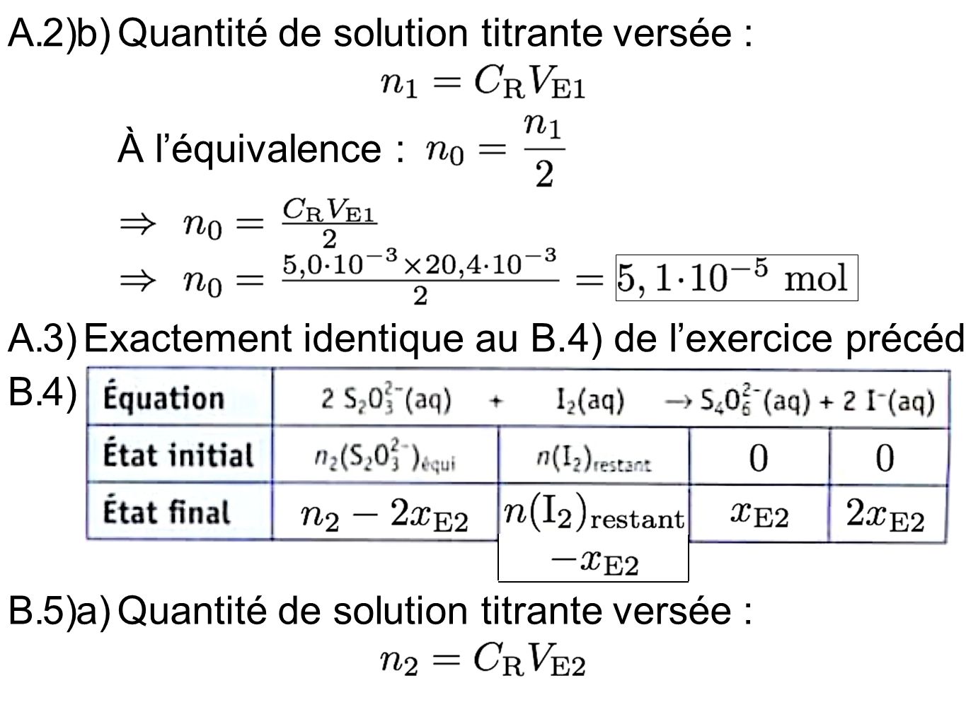2) b) A. Quantité de solution titrante versée : À l’équivalence : 3) A. Exactement identique au B.4) de l’exercice précédent.