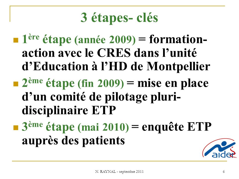 3 étapes- clés 1ère étape (année 2009) = formation-action avec le CRES dans l’unité d’Education à l’HD de Montpellier.